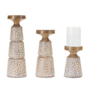 Set of Three Brown And White Distressed Floral Resin Tabletop Pillar Candle Holders-Candle Holders-DECOROLALA