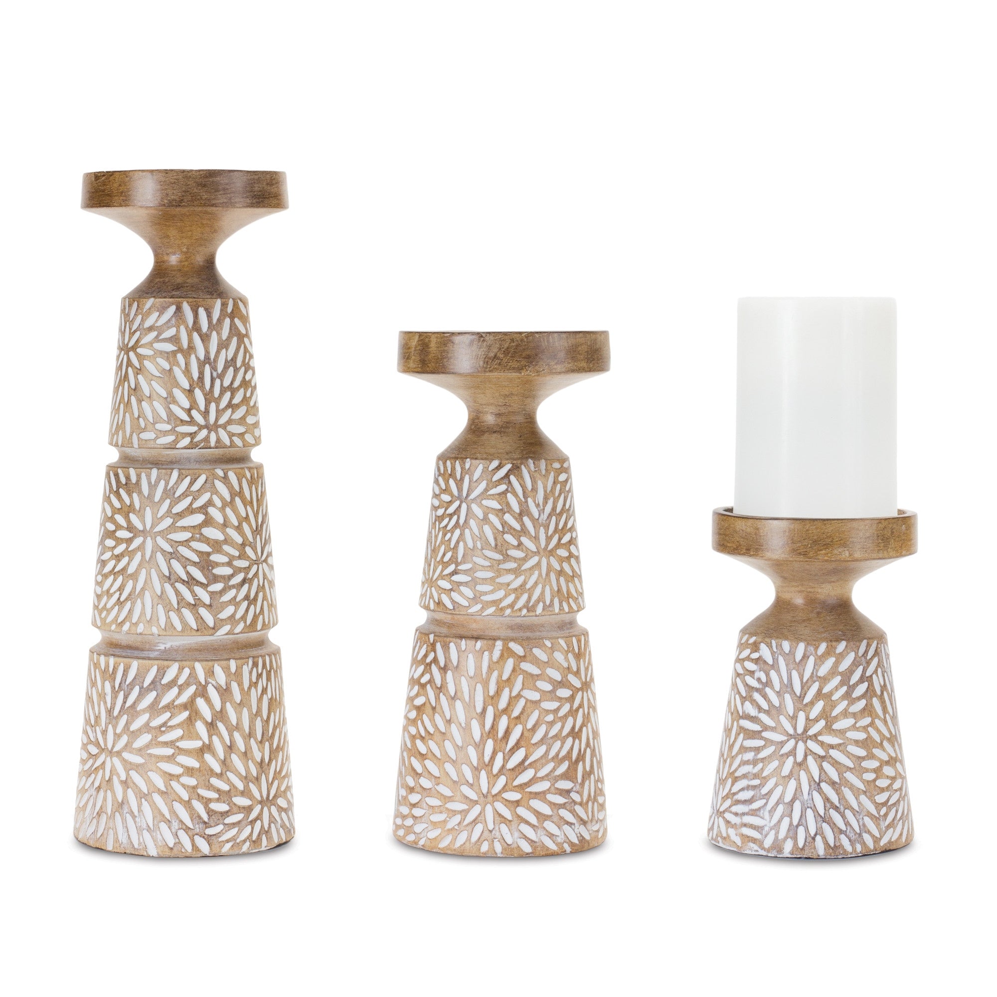 Set of Three Brown And White Distressed Floral Resin Tabletop Pillar Candle Holders-Candle Holders-DECOROLALA
