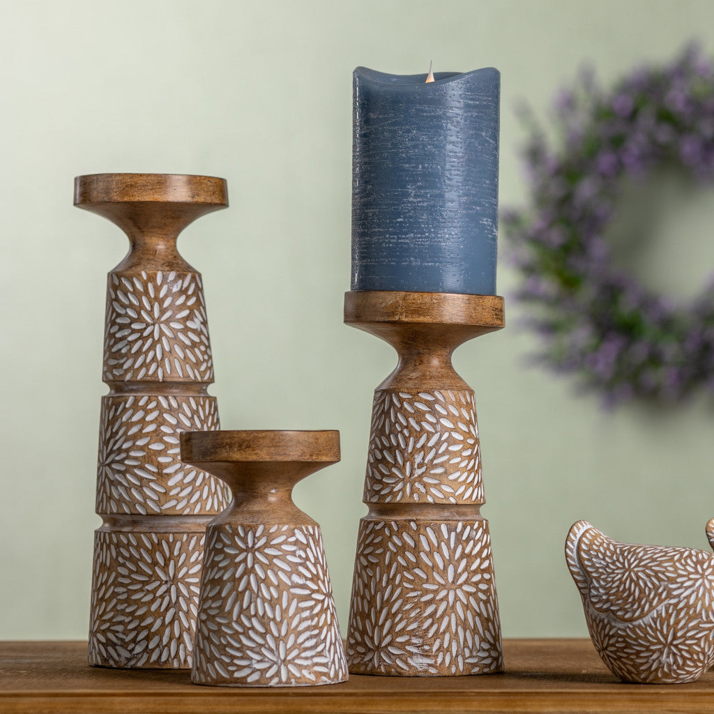 Set of Three Brown And White Distressed Floral Resin Tabletop Pillar Candle Holders-Candle Holders-DECOROLALA