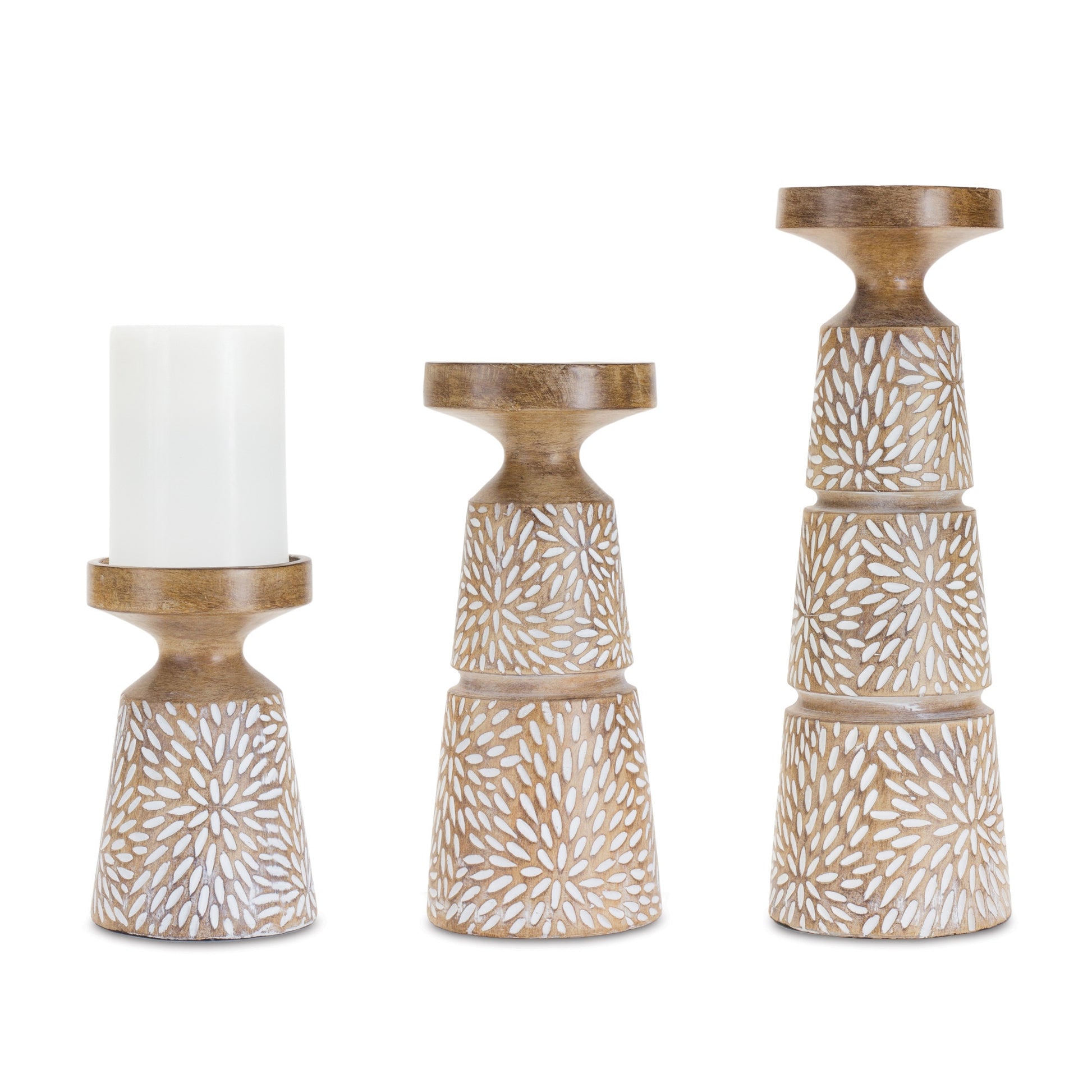 Set of Three Brown And White Distressed Floral Resin Tabletop Pillar Candle Holders-Candle Holders-DECOROLALA