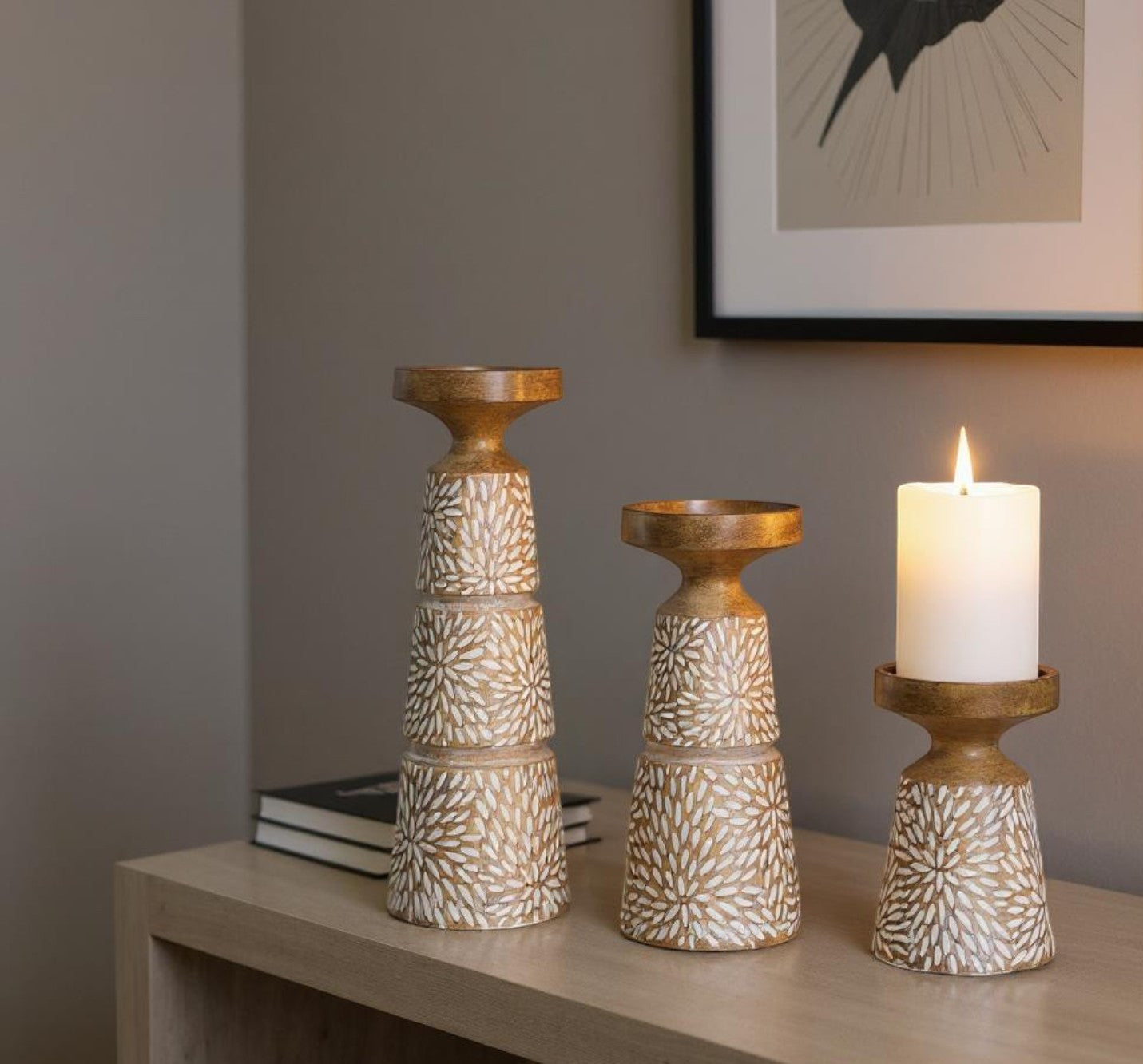 Set of Three Brown And White Distressed Floral Resin Tabletop Pillar Candle Holders-Candle Holders-DECOROLALA