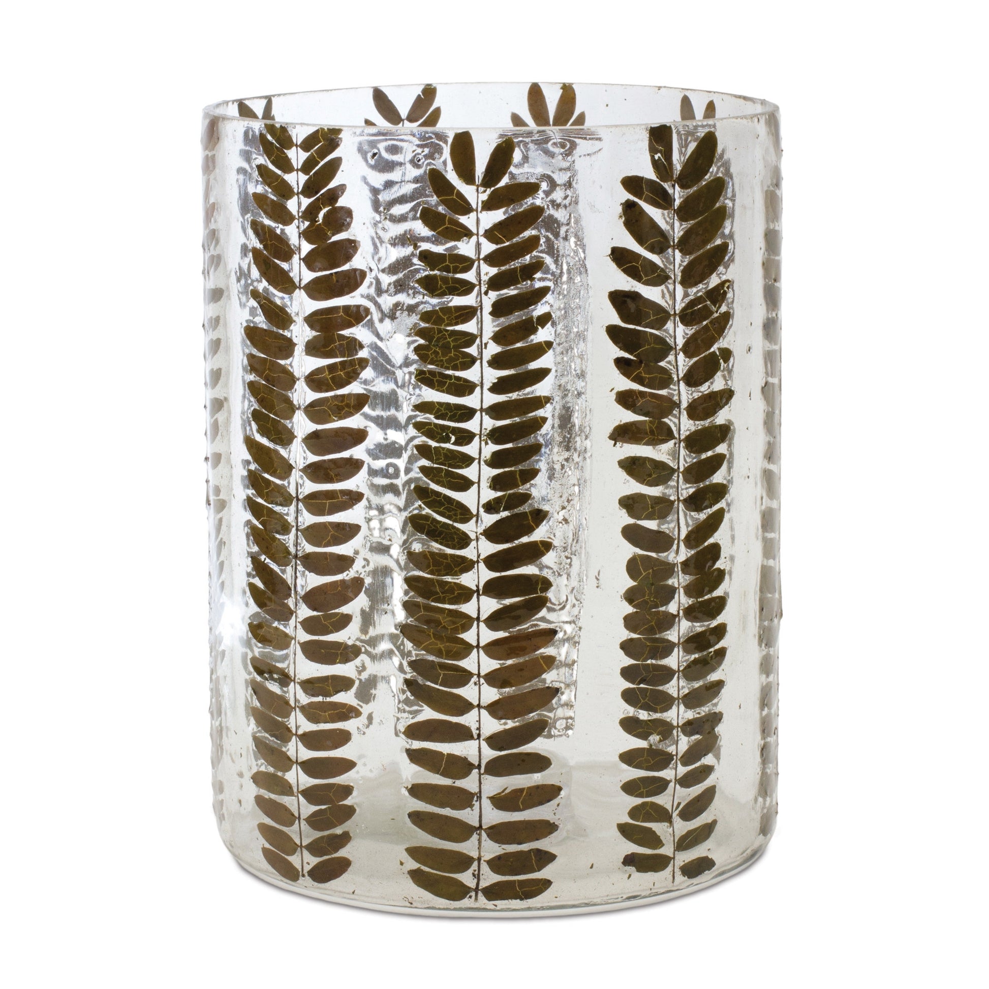 8" Clear And Green Botanical Leaf Glass Tabletop Pillar Candle Holder-Candle Holders-DECOROLALA