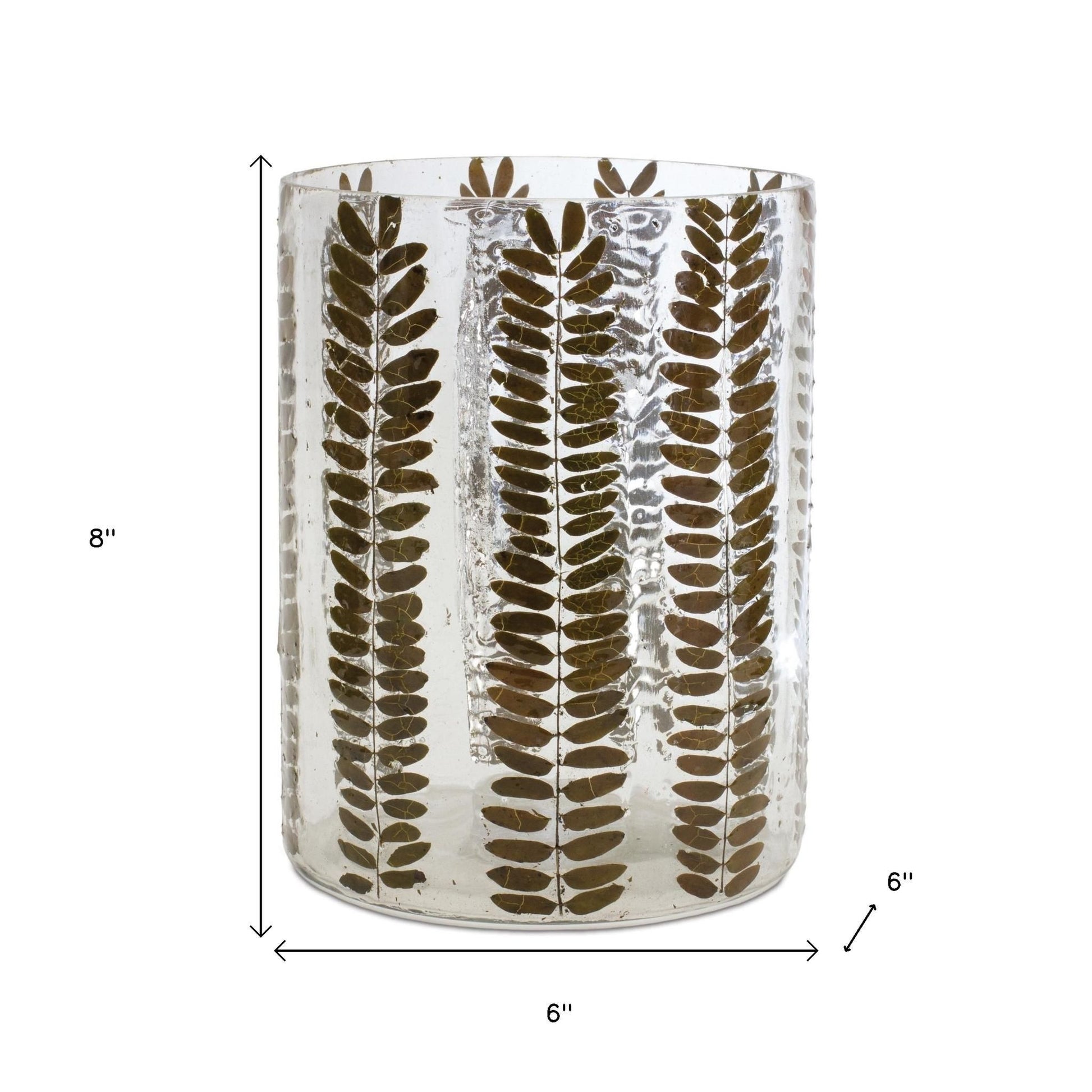 8" Clear And Green Botanical Leaf Glass Tabletop Pillar Candle Holder-Candle Holders-DECOROLALA