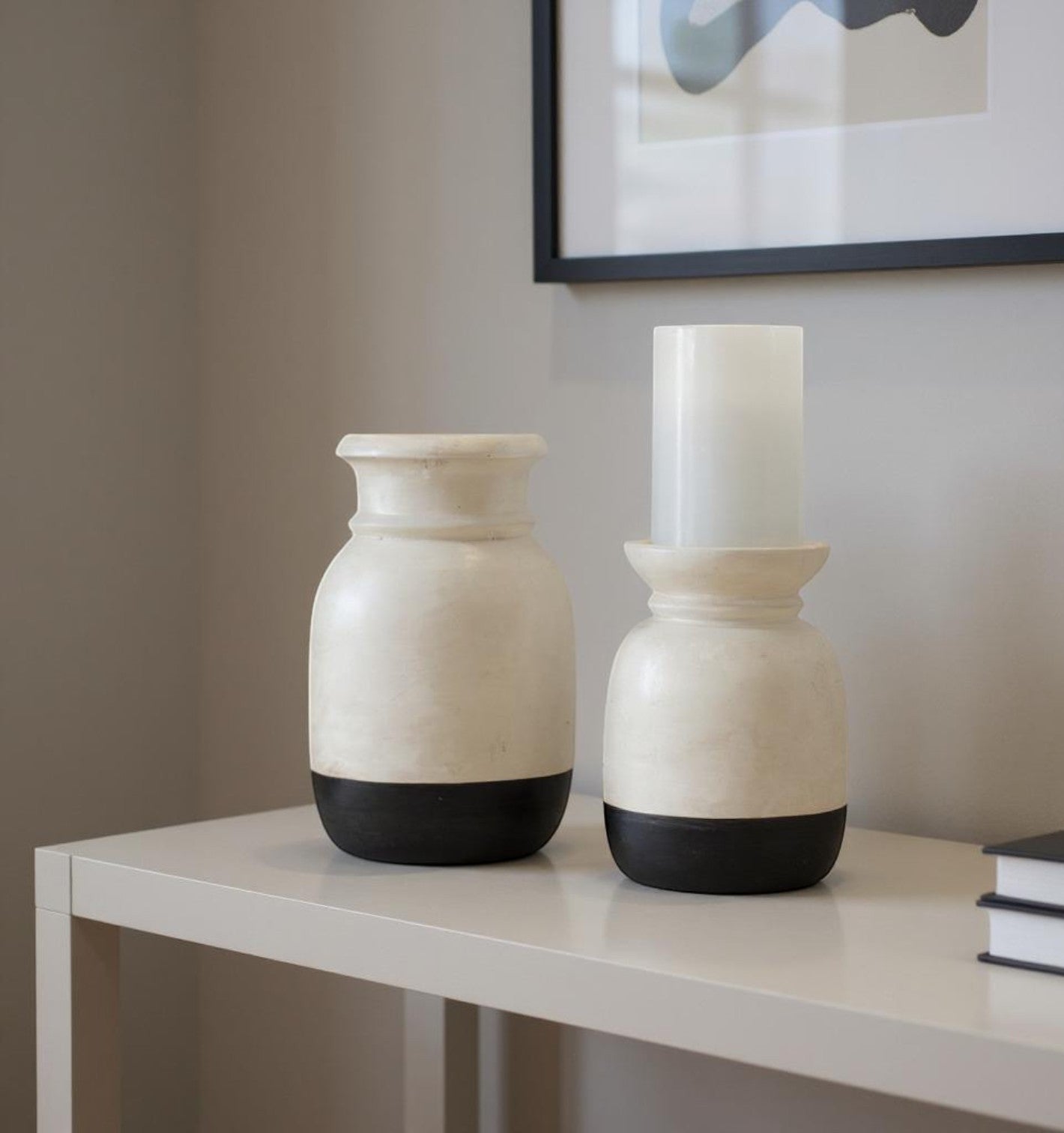 Set of Two Cream And Black Distressed Ceramic Tabletop Pillar Candle Holders-Candle Holders-DECOROLALA