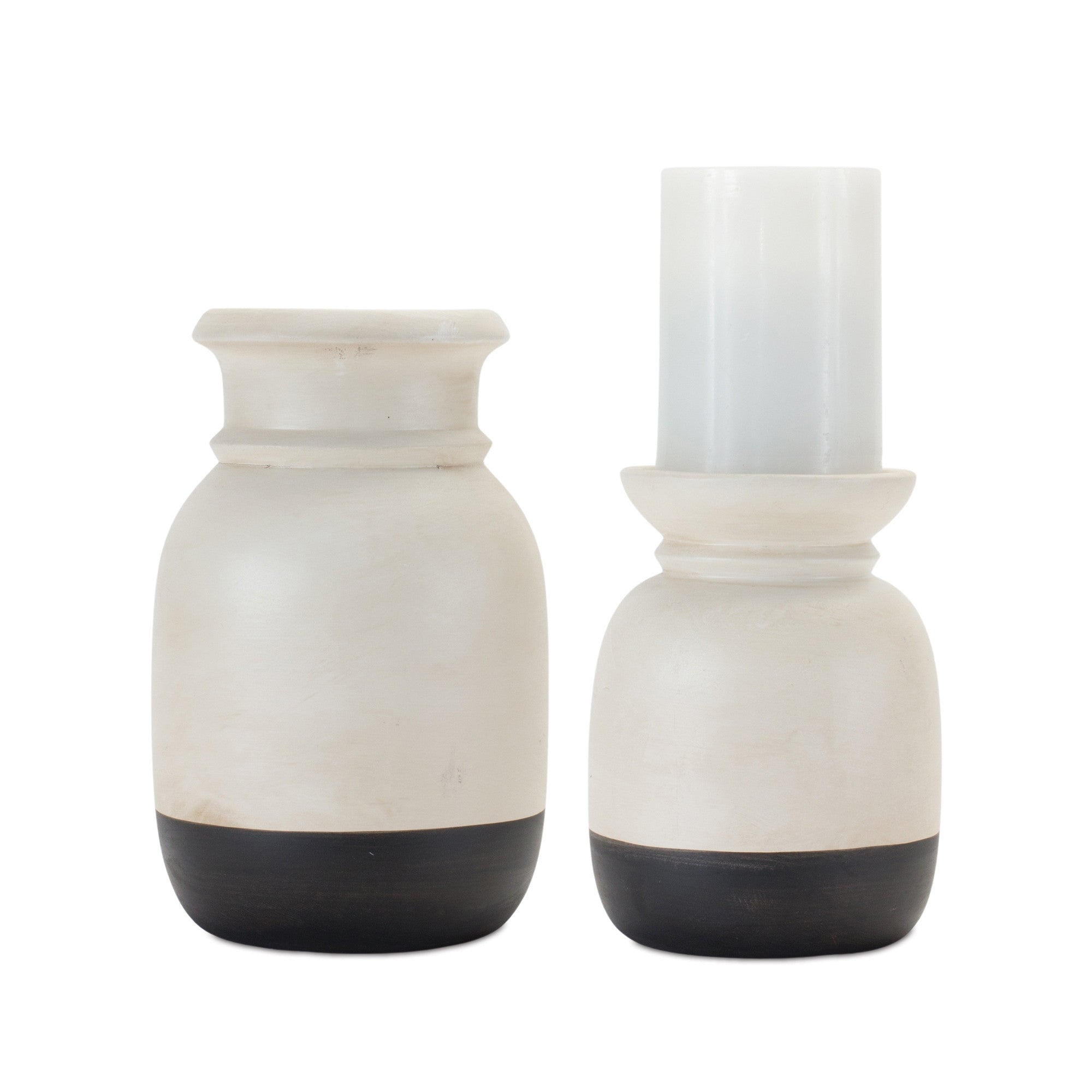 Set of Two Cream And Black Distressed Ceramic Tabletop Pillar Candle Holders-Candle Holders-DECOROLALA