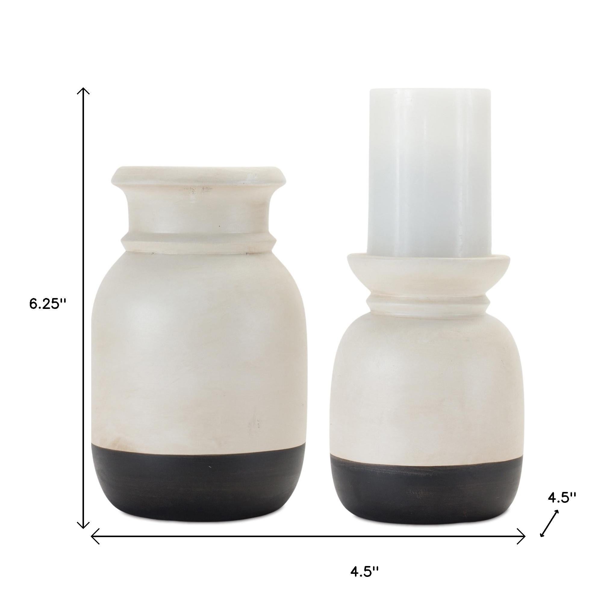 Set of Two Cream And Black Distressed Ceramic Tabletop Pillar Candle Holders-Candle Holders-DECOROLALA