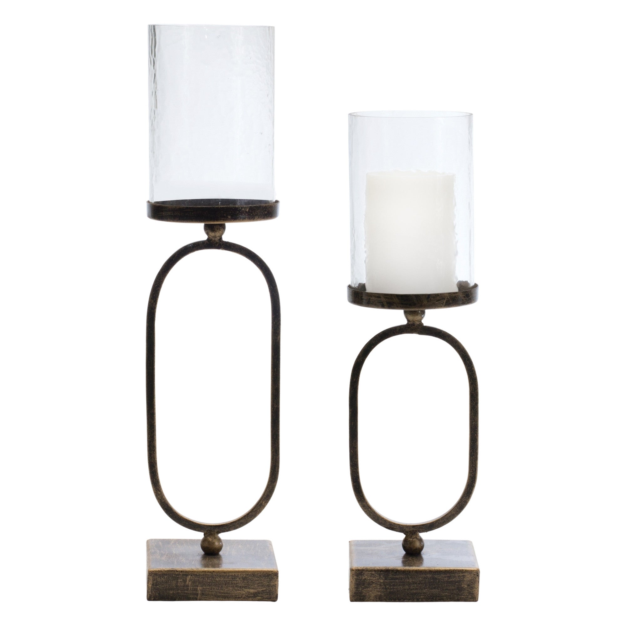 Set of Two Antiqued Bronze Geometric Glass And Metal Tabletop Hurricane Candle Holders-Candle Holders-DECOROLALA