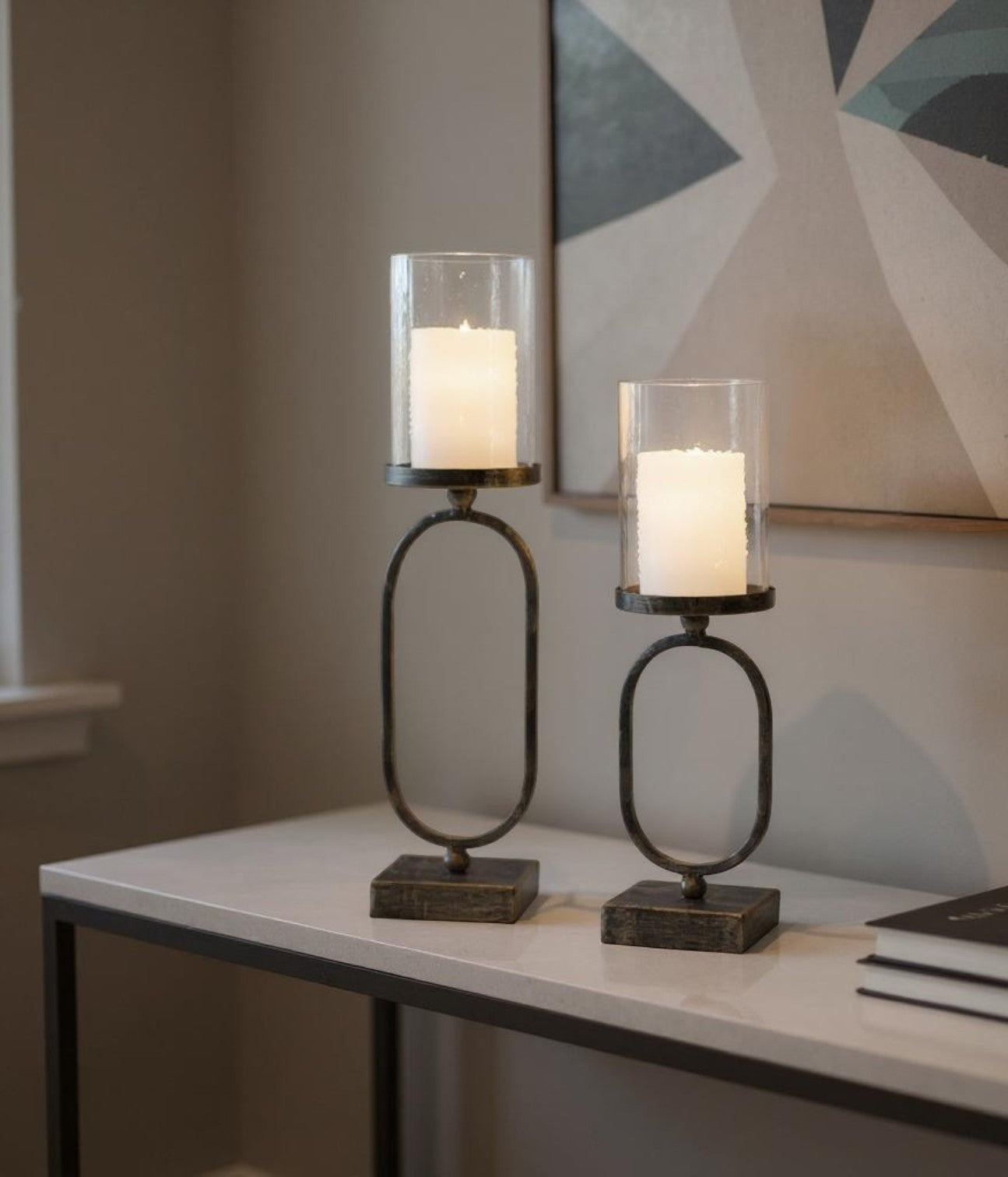 Set of Two Antiqued Bronze Geometric Glass And Metal Tabletop Hurricane Candle Holders-Candle Holders-DECOROLALA