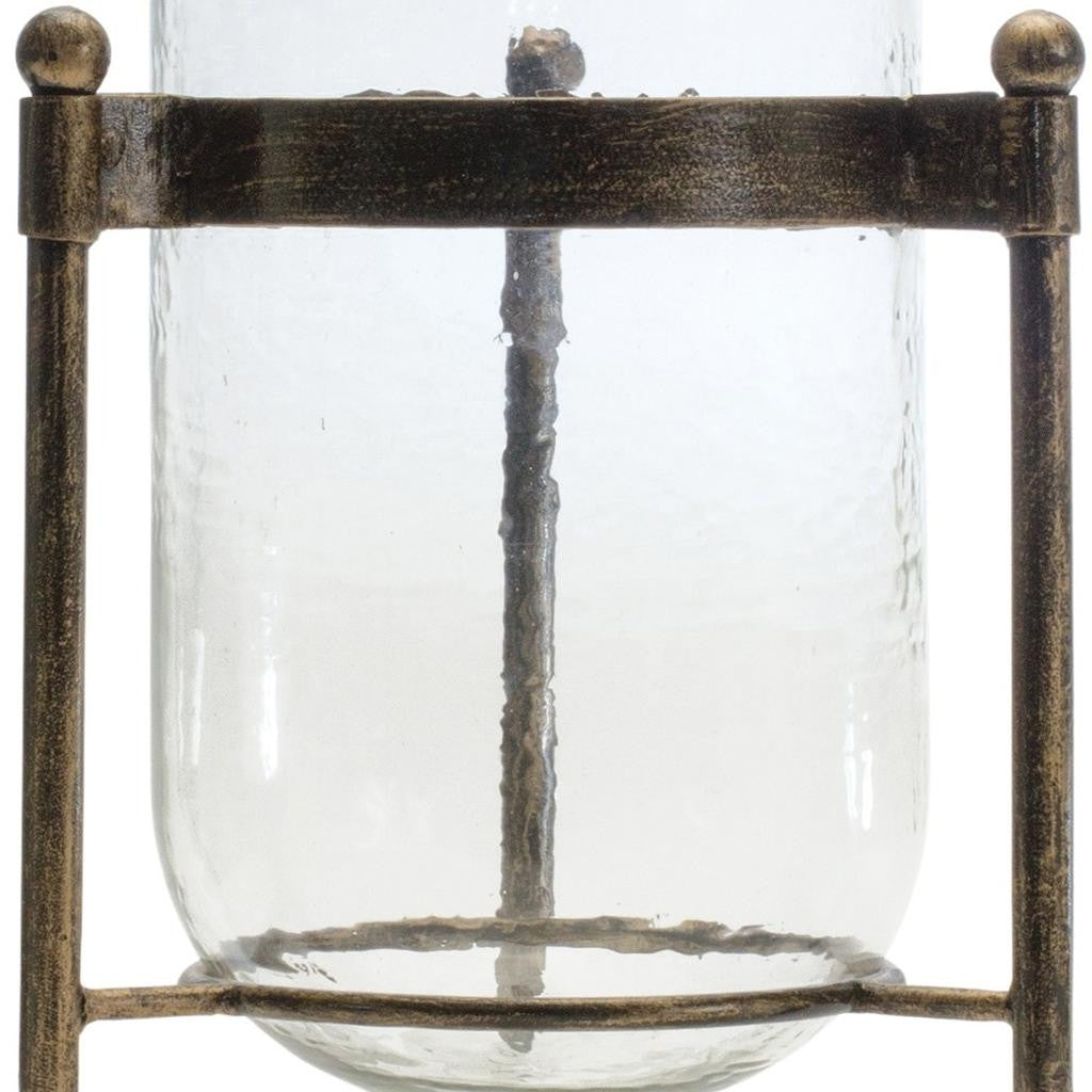 14" Bronze And Clear Glass And Metal Tabletop Hurricane Candle Holder-Candle Holders-DECOROLALA