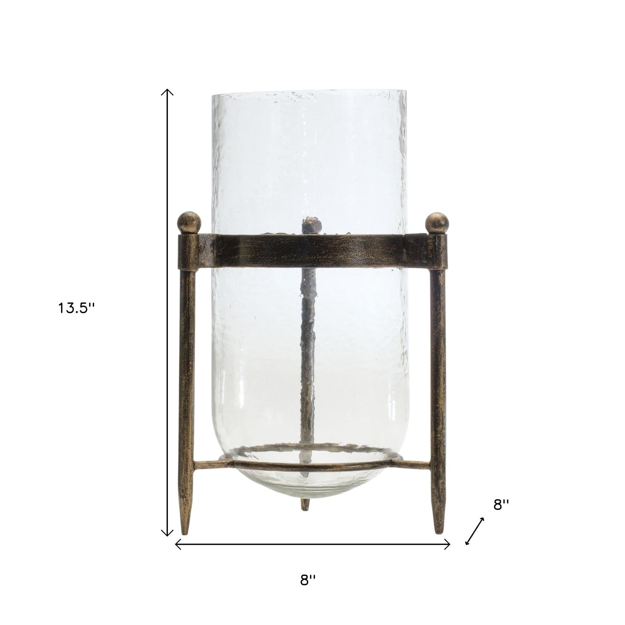 14" Bronze And Clear Glass And Metal Tabletop Hurricane Candle Holder-Candle Holders-DECOROLALA