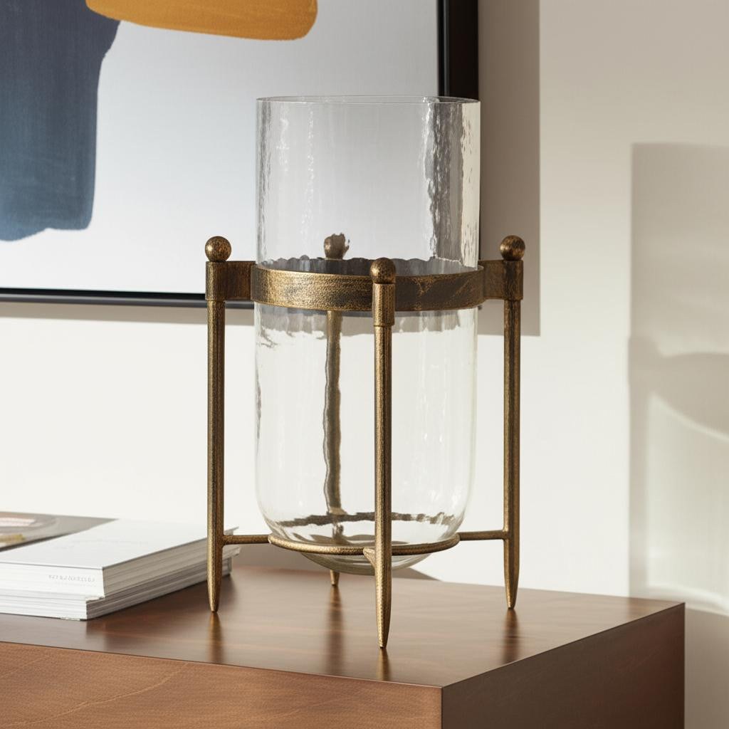 14" Bronze And Clear Glass And Metal Tabletop Hurricane Candle Holder-Candle Holders-DECOROLALA