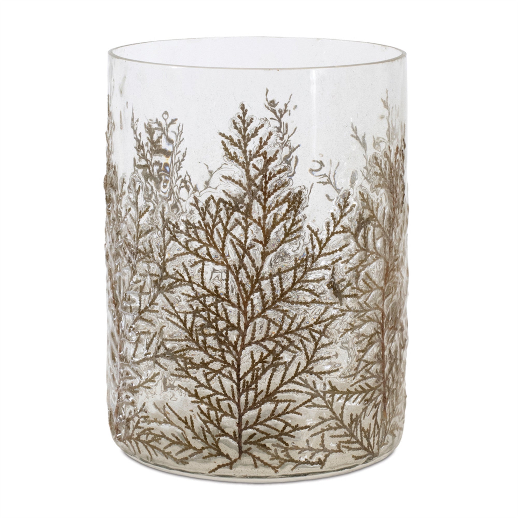 8" Brown And Clear Botanical Leaf Glass Tabletop Pillar Candle Holder-Candle Holders-DECOROLALA