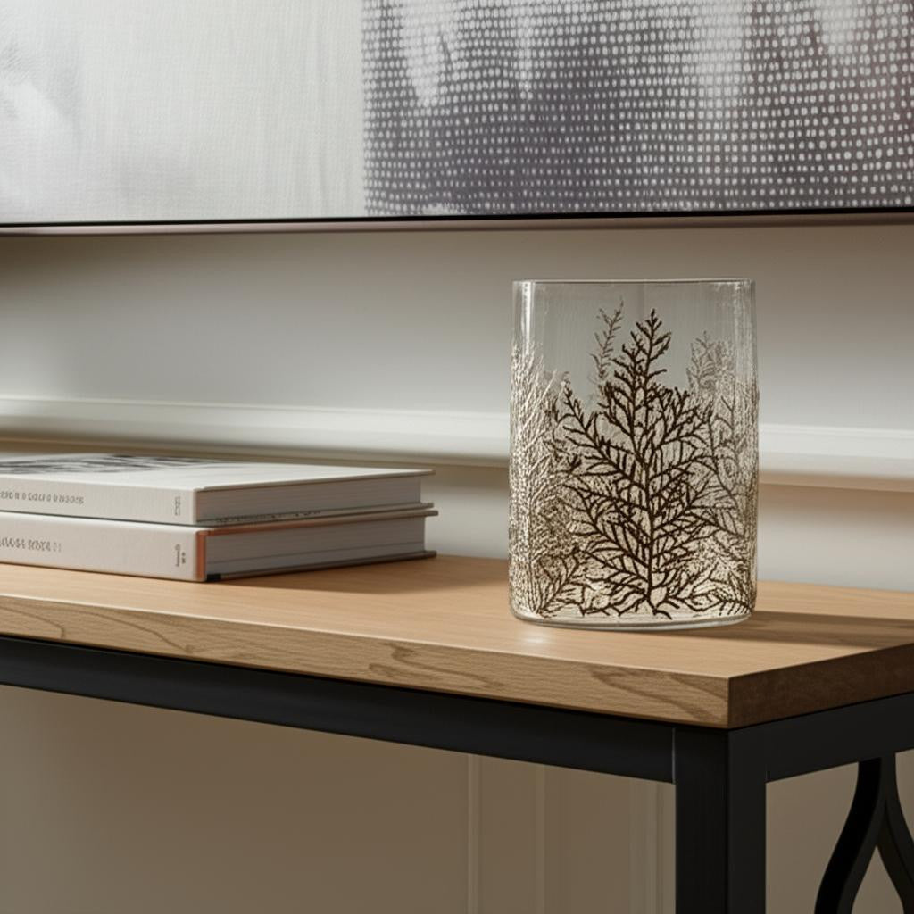 8" Brown And Clear Botanical Leaf Glass Tabletop Pillar Candle Holder-Candle Holders-DECOROLALA