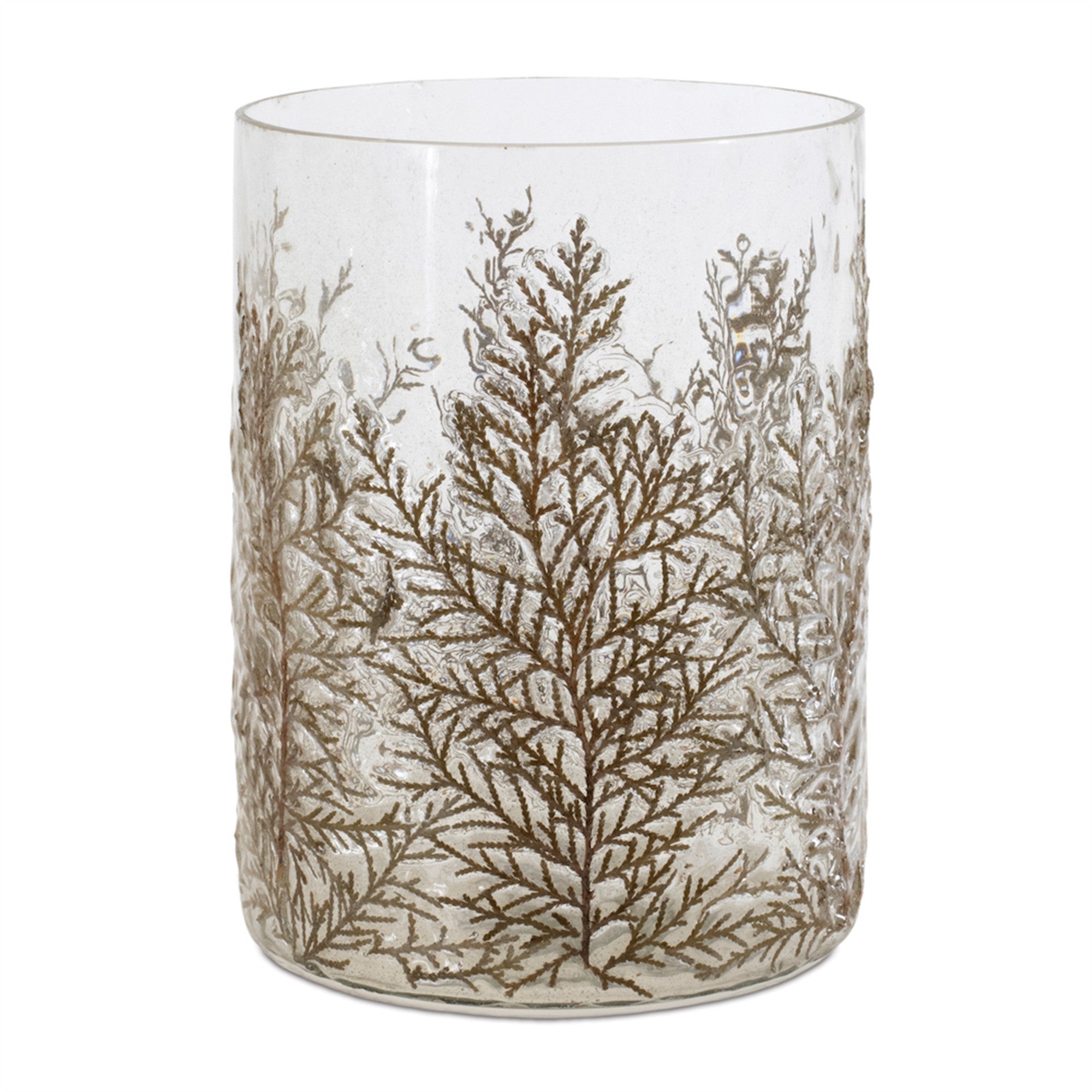 8" Brown And Clear Botanical Leaf Glass Tabletop Pillar Candle Holder-Candle Holders-DECOROLALA