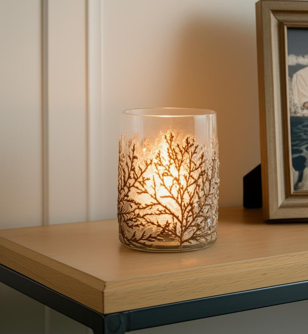 Set of Three Brown And Clear Botanical Leaf Glass Tabletop Votive Candle Holders-Candle Holders-DECOROLALA