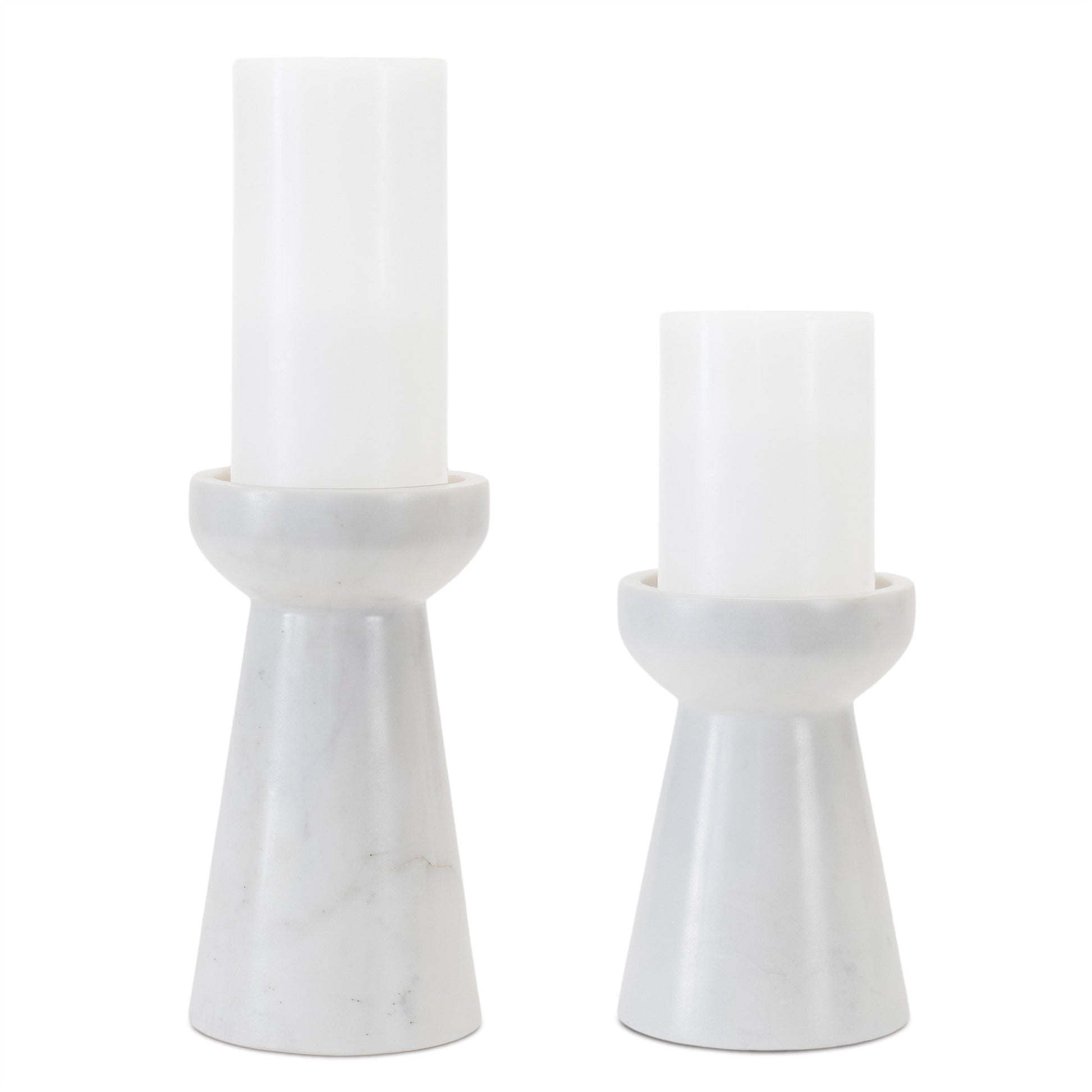 Set of Two White And Gray Marble Tabletop Pillar Candle Holders-Candle Holders-DECOROLALA