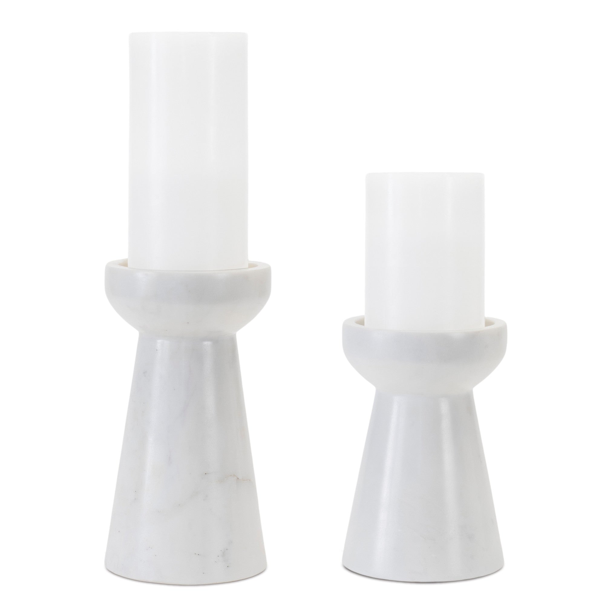 Set of Two White And Gray Marble Tabletop Pillar Candle Holders-Candle Holders-DECOROLALA
