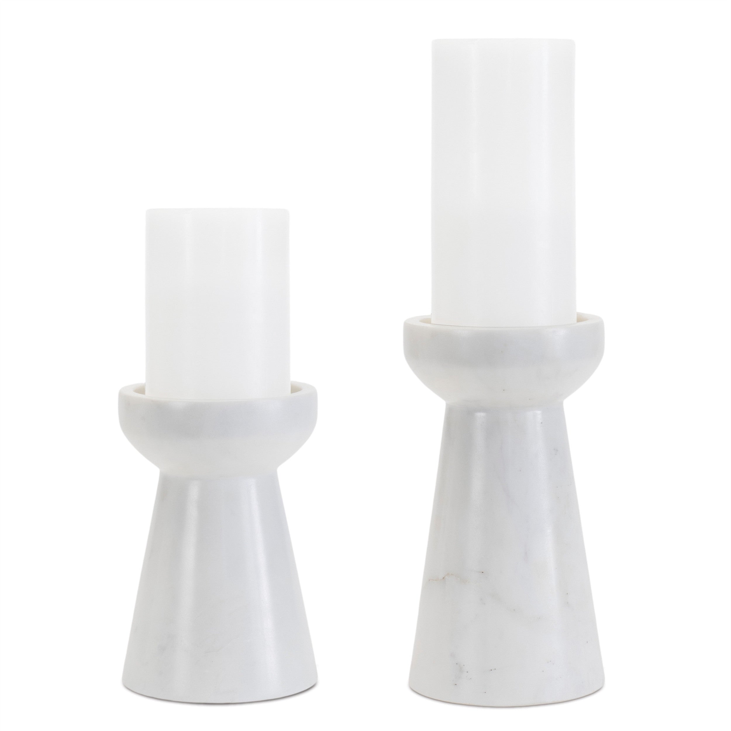 Set of Two White And Gray Marble Tabletop Pillar Candle Holders-Candle Holders-DECOROLALA