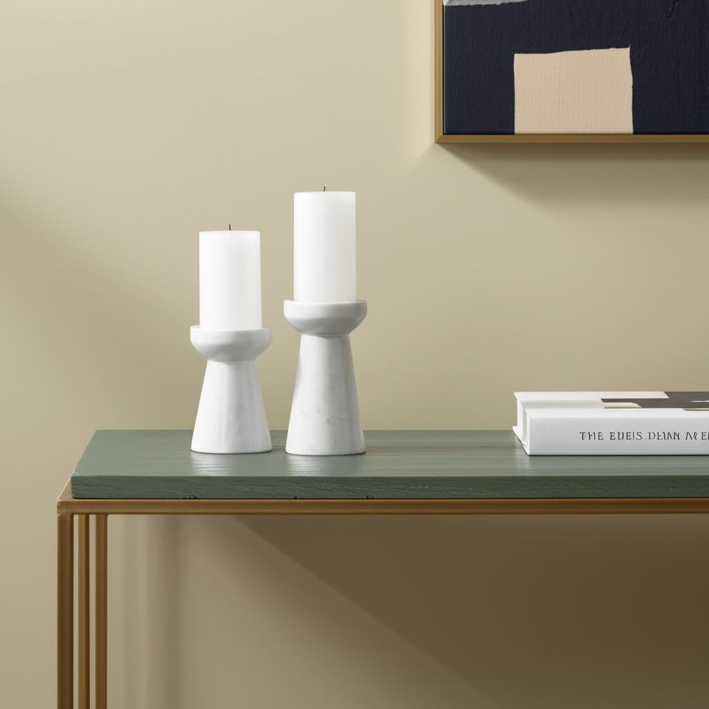 Set of Two White And Gray Marble Tabletop Pillar Candle Holders-Candle Holders-DECOROLALA