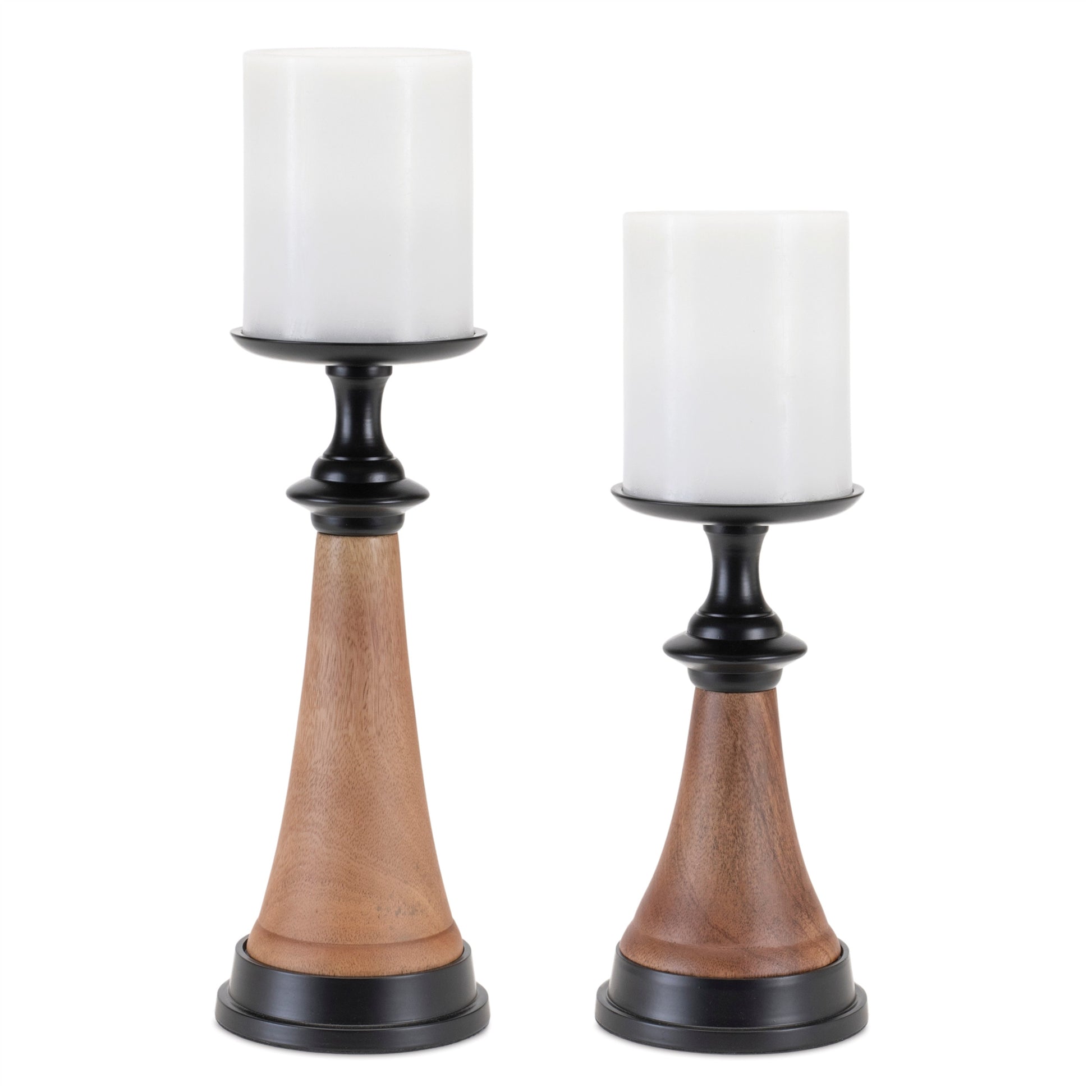 Set of Two Black And Brown Metal And Solid Wood Tabletop Pillar Candle Holders-Candle Holders-DECOROLALA