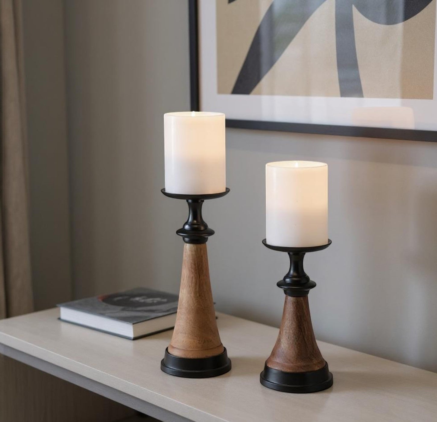 Set of Two Black And Brown Metal And Solid Wood Tabletop Pillar Candle Holders-Candle Holders-DECOROLALA