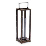 25" Black And Brown Metal And Solid Wood Tabletop Lantern Candle Holder-Candle Holders-DECOROLALA