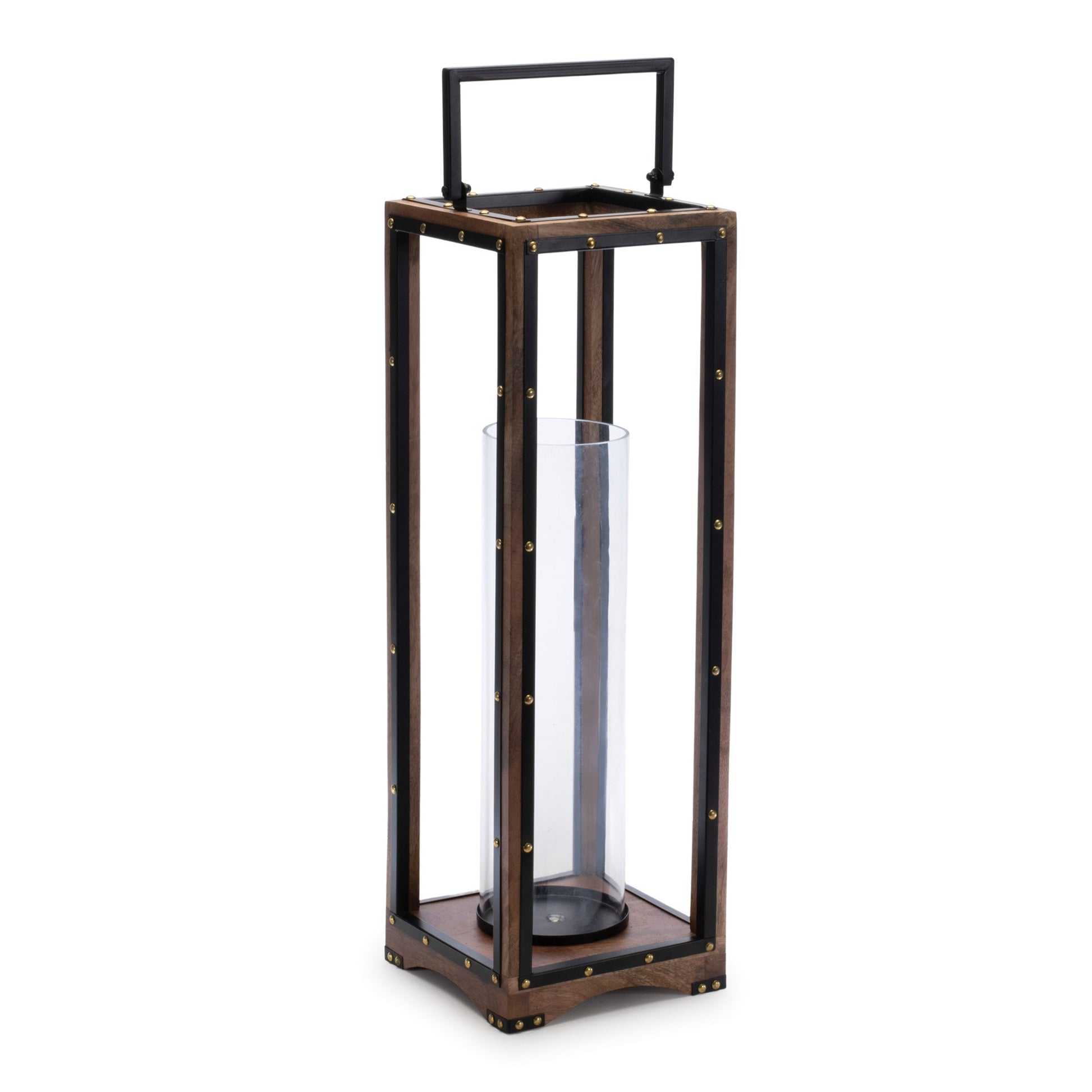 25" Black And Brown Metal And Solid Wood Tabletop Lantern Candle Holder-Candle Holders-DECOROLALA