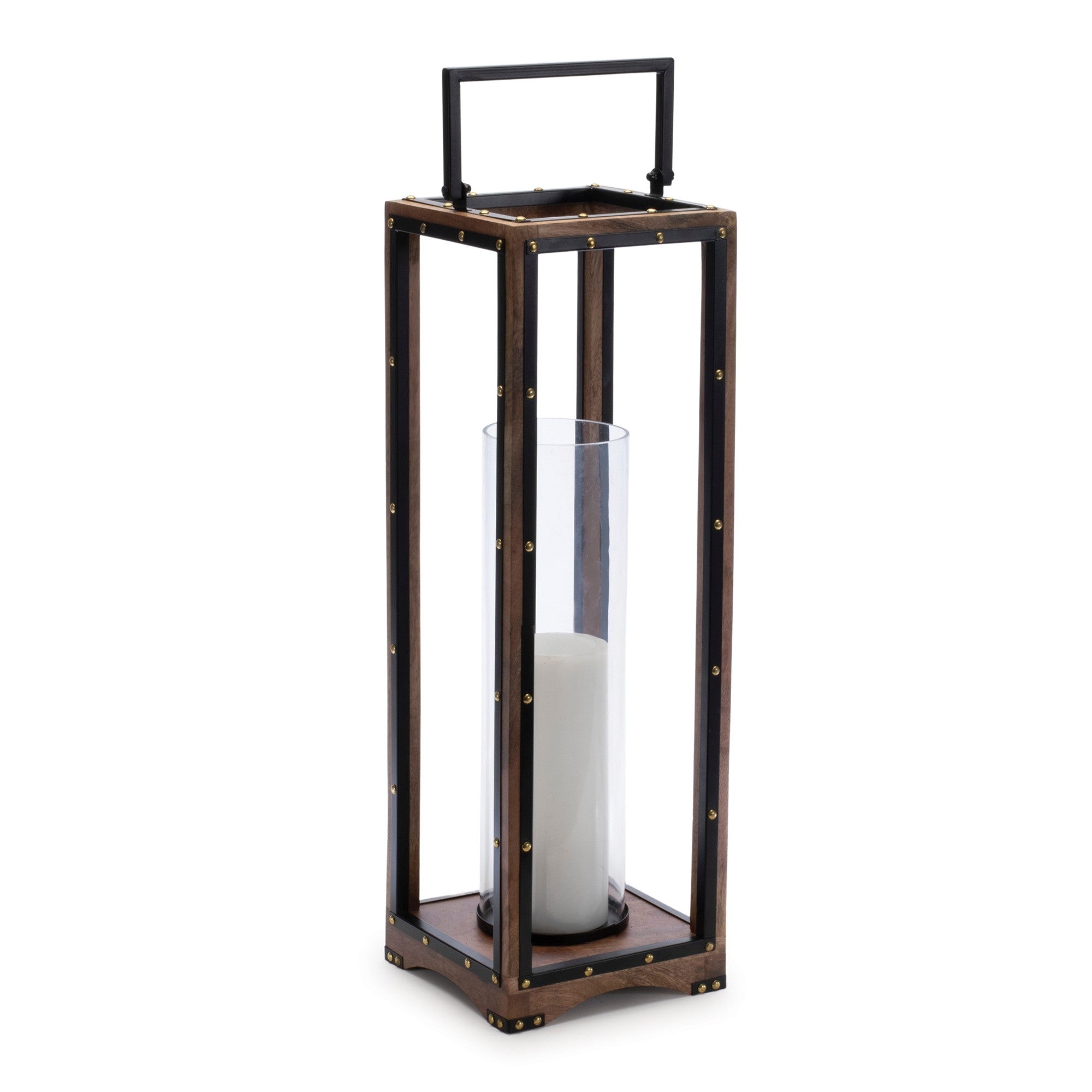 25" Black And Brown Metal And Solid Wood Tabletop Lantern Candle Holder-Candle Holders-DECOROLALA