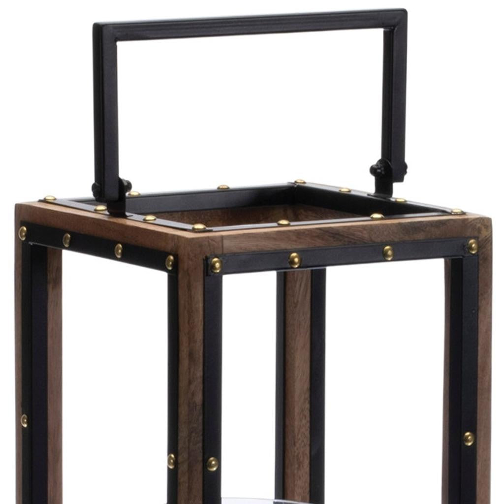 25" Black And Brown Metal And Solid Wood Tabletop Lantern Candle Holder-Candle Holders-DECOROLALA