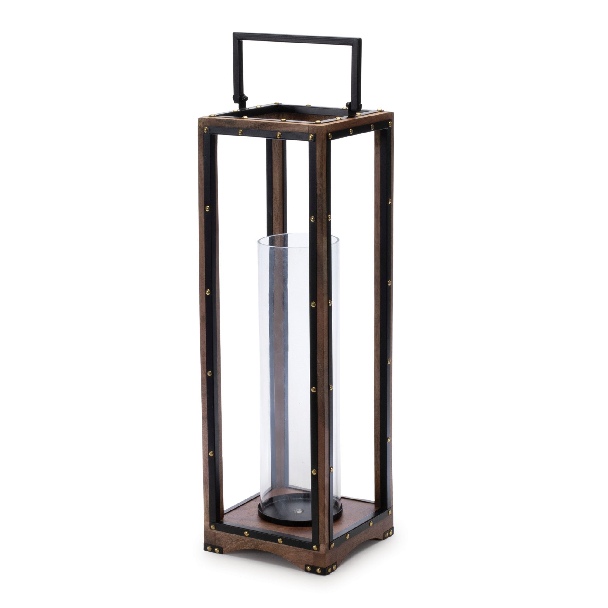 25" Black And Brown Metal And Solid Wood Tabletop Lantern Candle Holder-Candle Holders-DECOROLALA