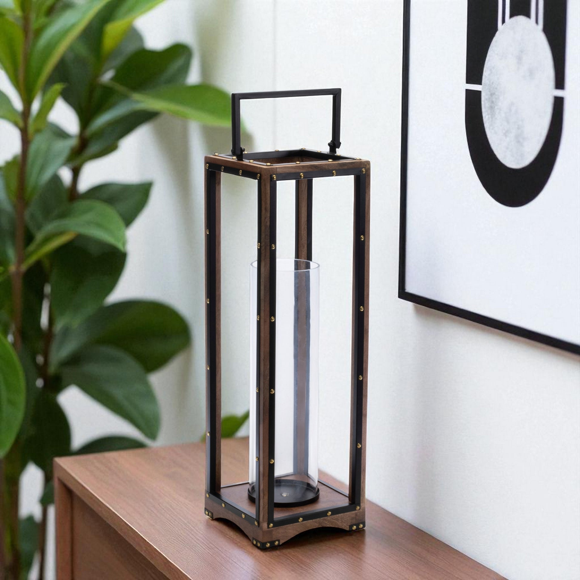 25" Black And Brown Metal And Solid Wood Tabletop Lantern Candle Holder-Candle Holders-DECOROLALA