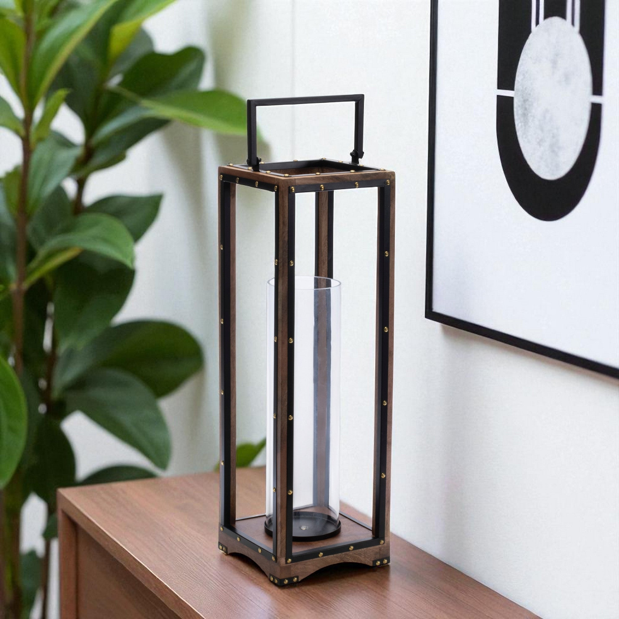 25" Black And Brown Metal And Solid Wood Tabletop Lantern Candle Holder-Candle Holders-DECOROLALA