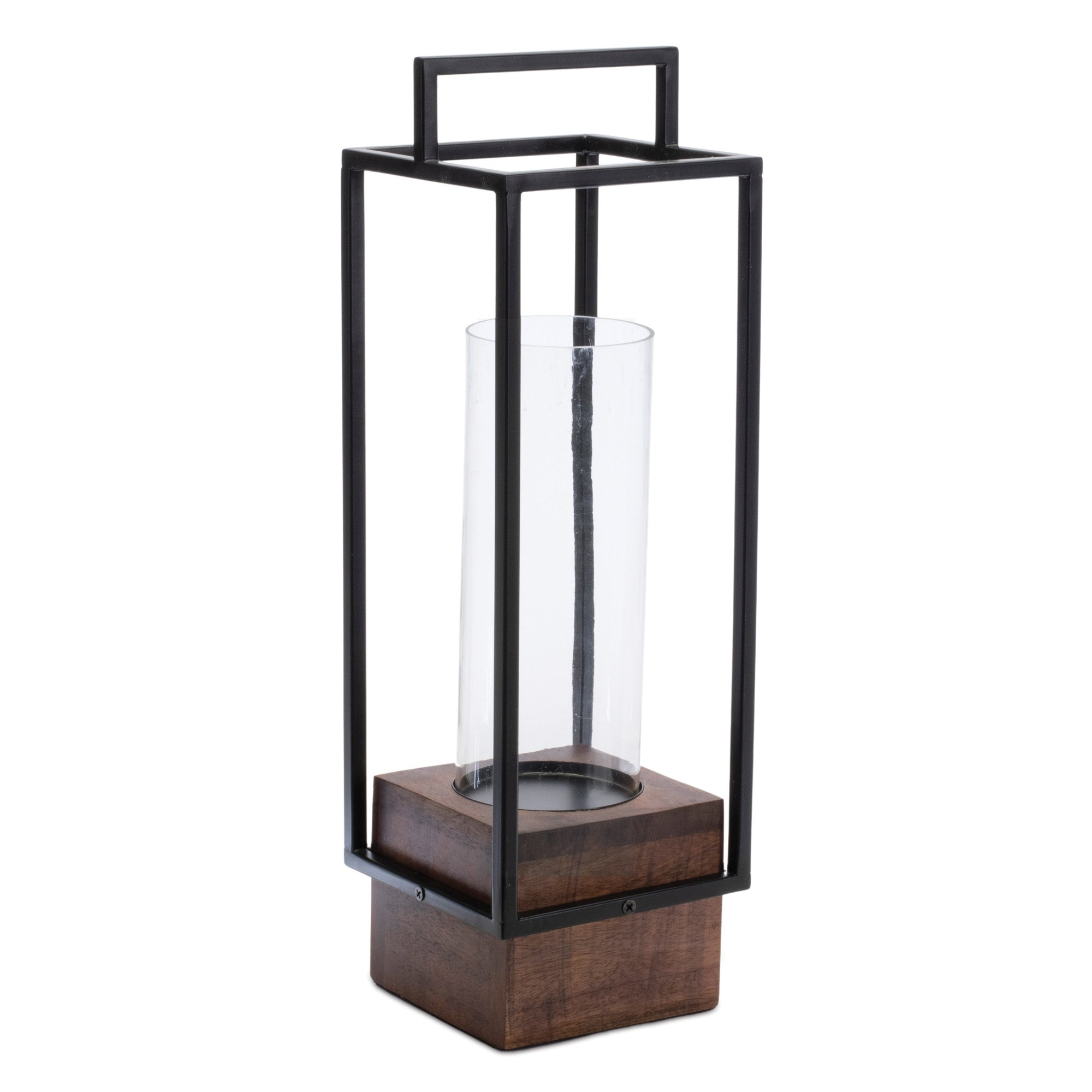 20" Black And Brown Metal And Solid Wood Tabletop Lantern Candle Holder-Candle Holders-DECOROLALA