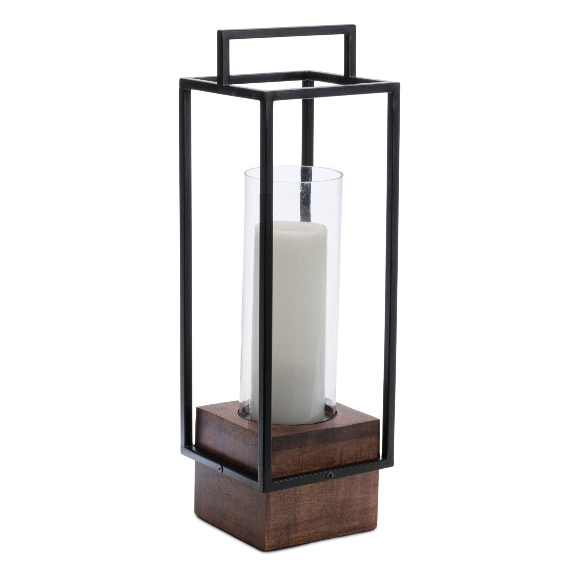 20" Black And Brown Metal And Solid Wood Tabletop Lantern Candle Holder-Candle Holders-DECOROLALA