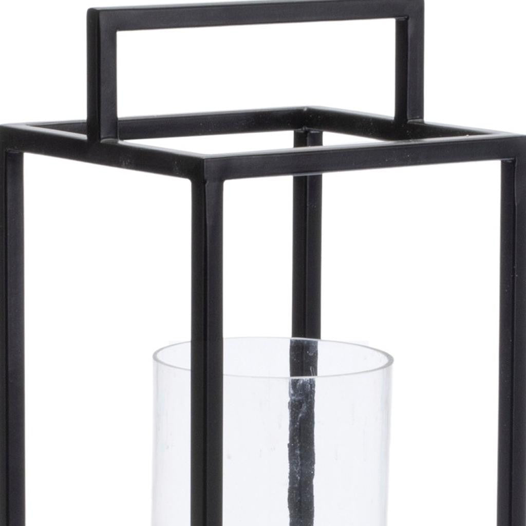 20" Black And Brown Metal And Solid Wood Tabletop Lantern Candle Holder-Candle Holders-DECOROLALA