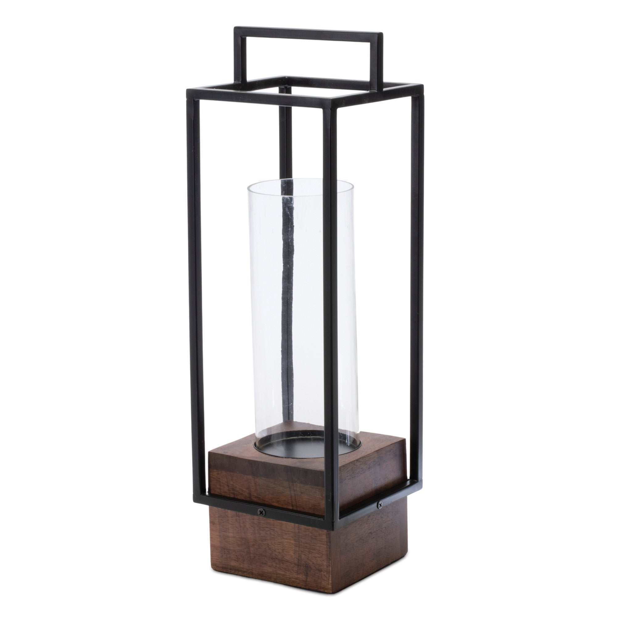 20" Black And Brown Metal And Solid Wood Tabletop Lantern Candle Holder-Candle Holders-DECOROLALA