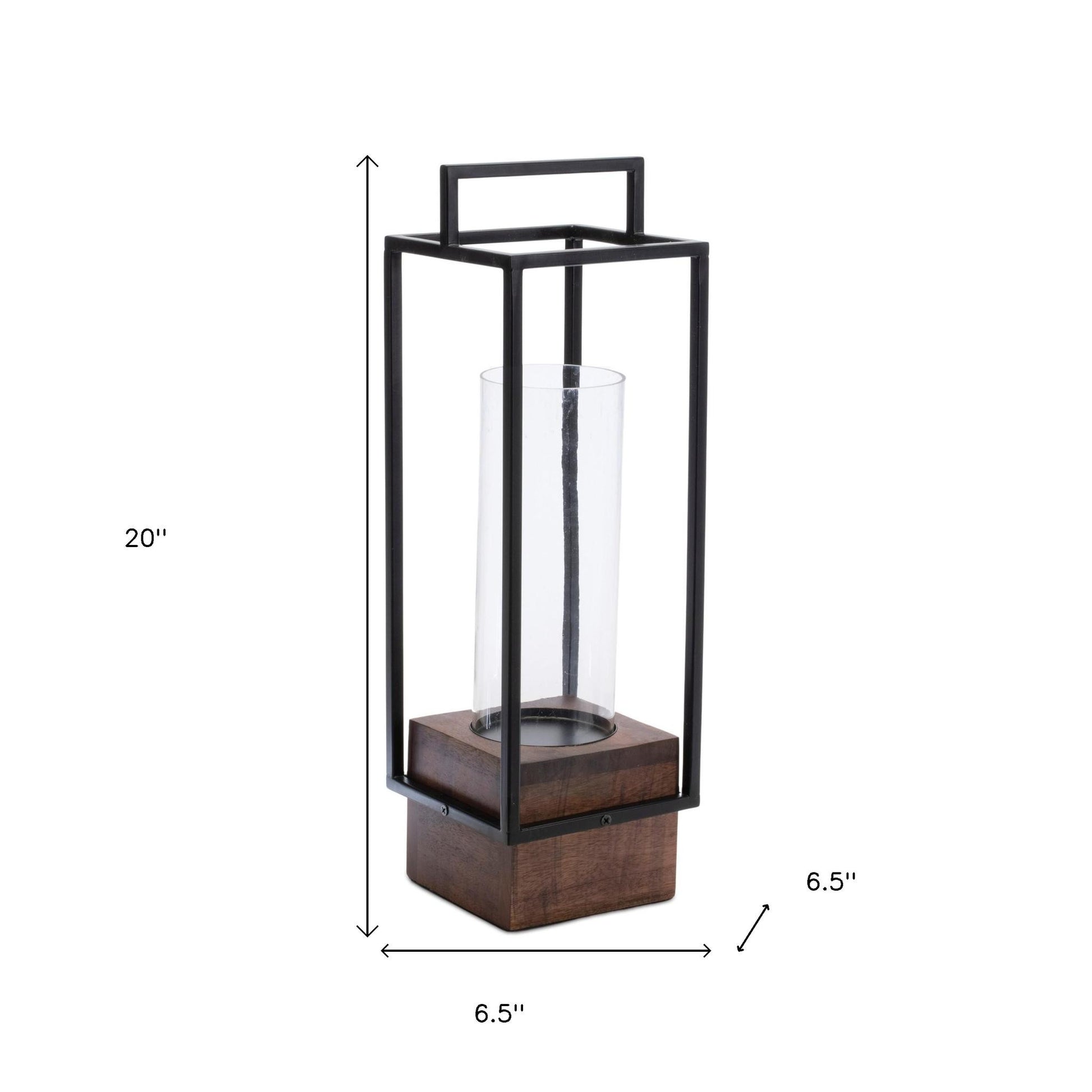 20" Black And Brown Metal And Solid Wood Tabletop Lantern Candle Holder-Candle Holders-DECOROLALA