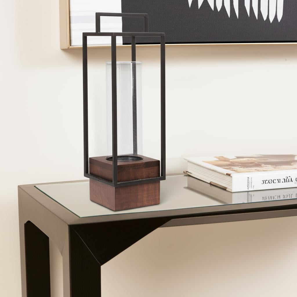 20" Black And Brown Metal And Solid Wood Tabletop Lantern Candle Holder-Candle Holders-DECOROLALA