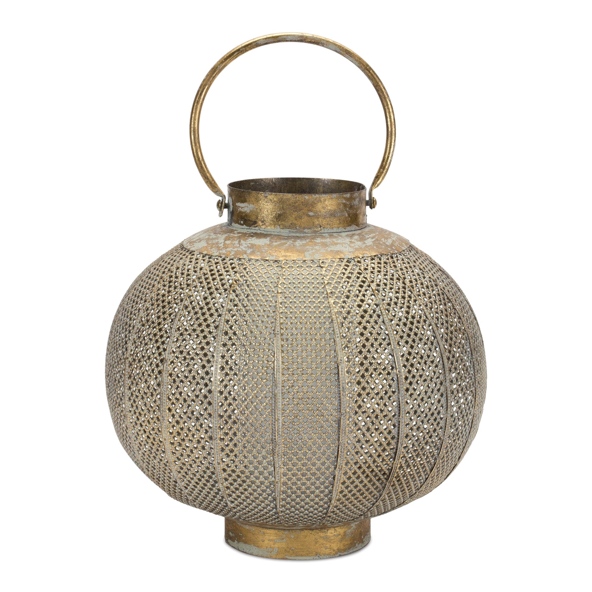 12" Bronze And Green Distressed Lattice Metal Tabletop Lantern Candle Holder-Candle Holders-DECOROLALA
