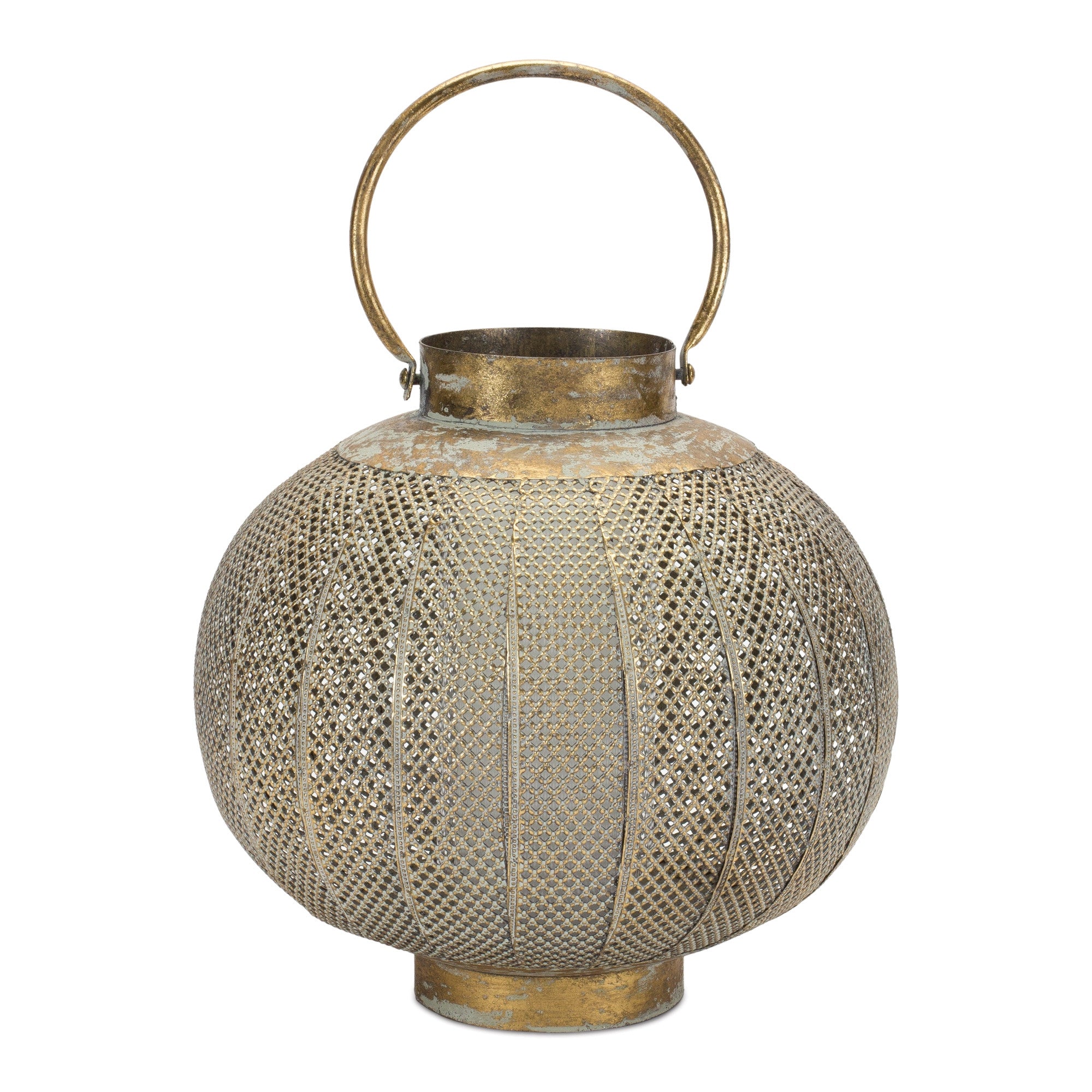 12" Bronze And Green Distressed Lattice Metal Tabletop Lantern Candle Holder-Candle Holders-DECOROLALA
