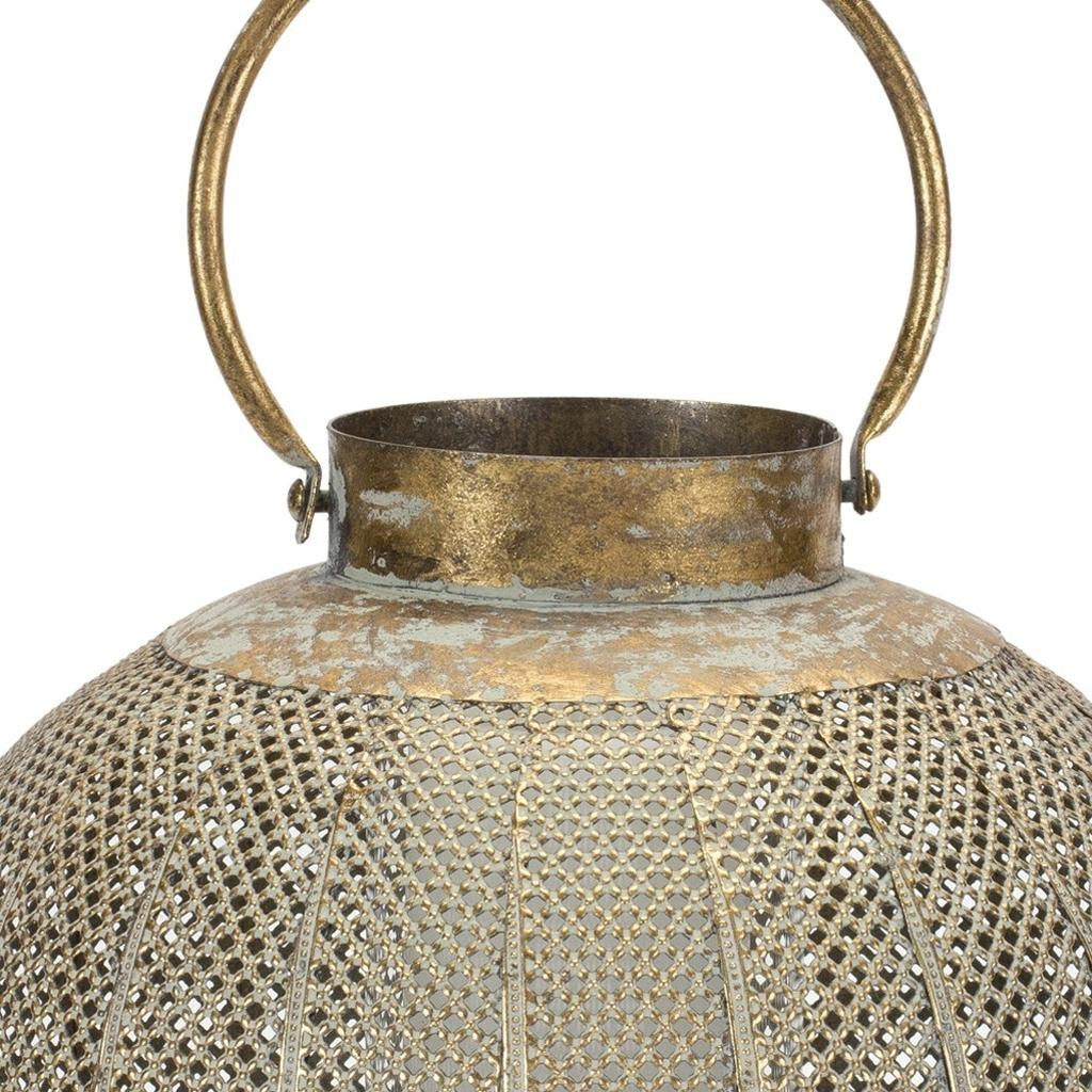 12" Bronze And Green Distressed Lattice Metal Tabletop Lantern Candle Holder-Candle Holders-DECOROLALA