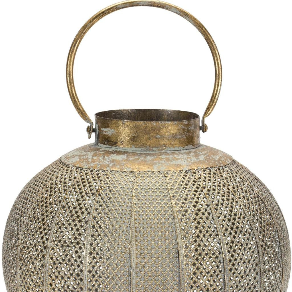 12" Bronze And Green Distressed Lattice Metal Tabletop Lantern Candle Holder-Candle Holders-DECOROLALA