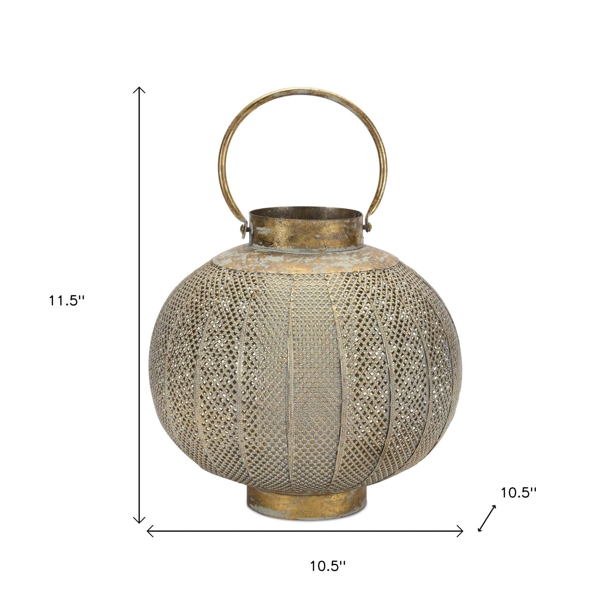 12" Bronze And Green Distressed Lattice Metal Tabletop Lantern Candle Holder-Candle Holders-DECOROLALA