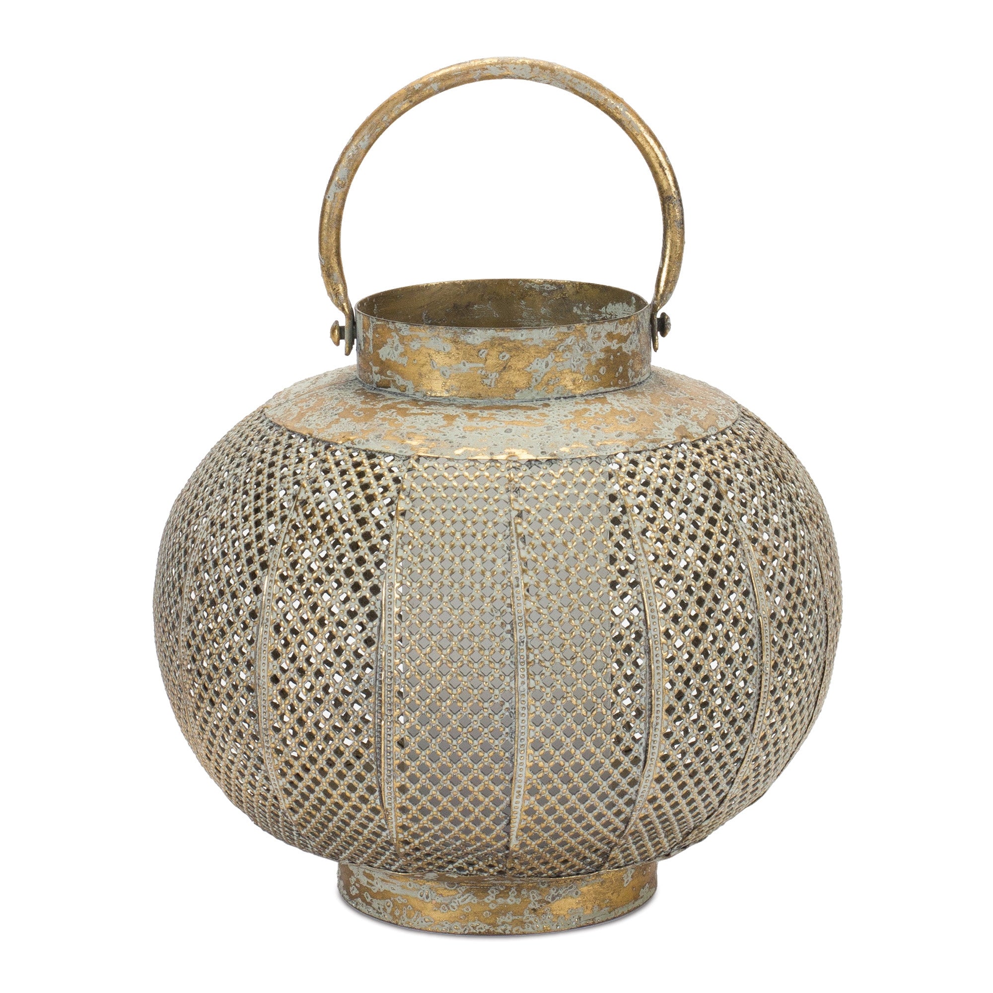 9" Bronze And Green Distressed Lattice Metal Tabletop Lantern Candle Holder-Candle Holders-DECOROLALA