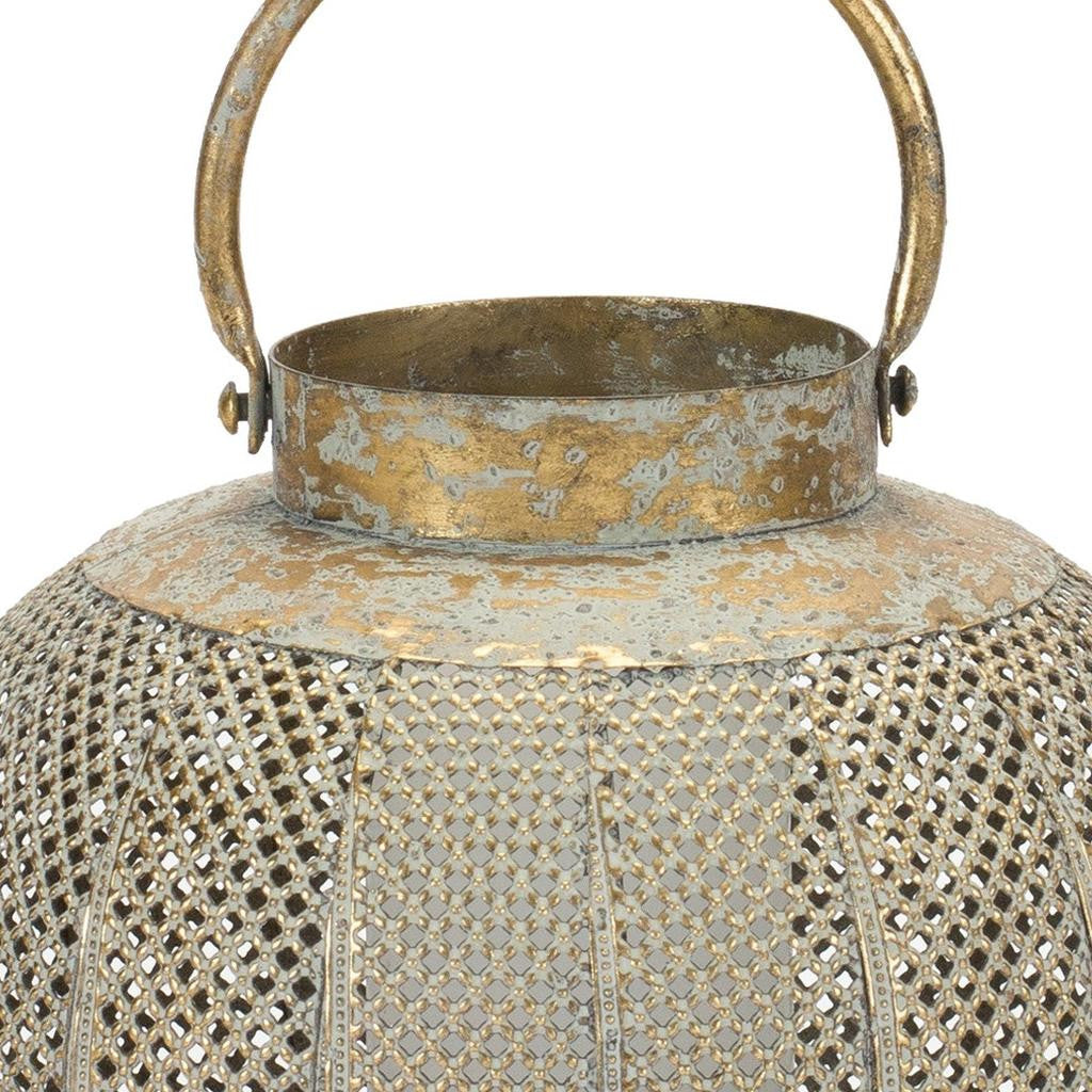 9" Bronze And Green Distressed Lattice Metal Tabletop Lantern Candle Holder-Candle Holders-DECOROLALA