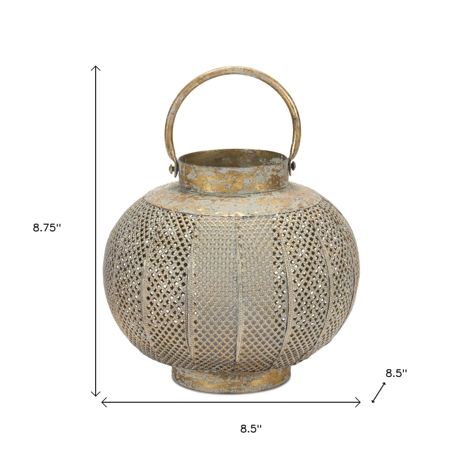 9" Bronze And Green Distressed Lattice Metal Tabletop Lantern Candle Holder-Candle Holders-DECOROLALA