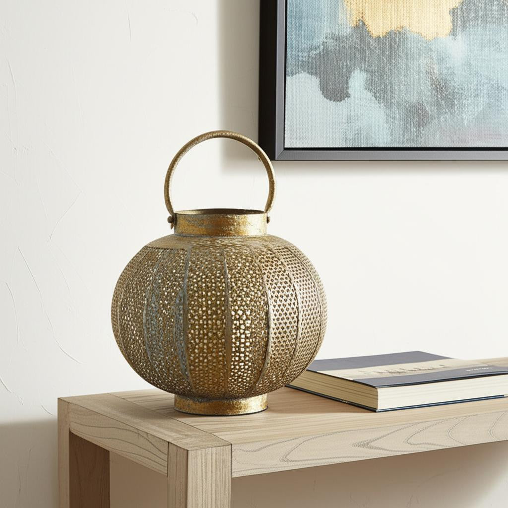 9" Bronze And Green Distressed Lattice Metal Tabletop Lantern Candle Holder-Candle Holders-DECOROLALA