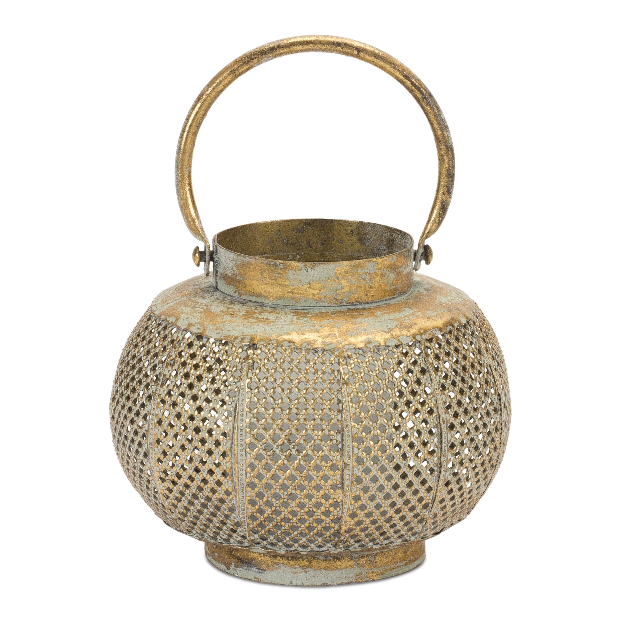 6" Bronze And Green Distressed Lattice Metal Tabletop Lantern Candle Holder-Candle Holders-DECOROLALA