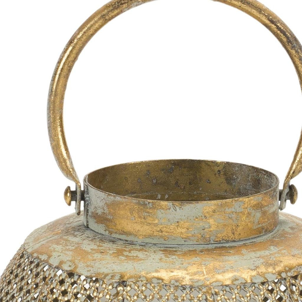 6" Bronze And Green Distressed Lattice Metal Tabletop Lantern Candle Holder-Candle Holders-DECOROLALA