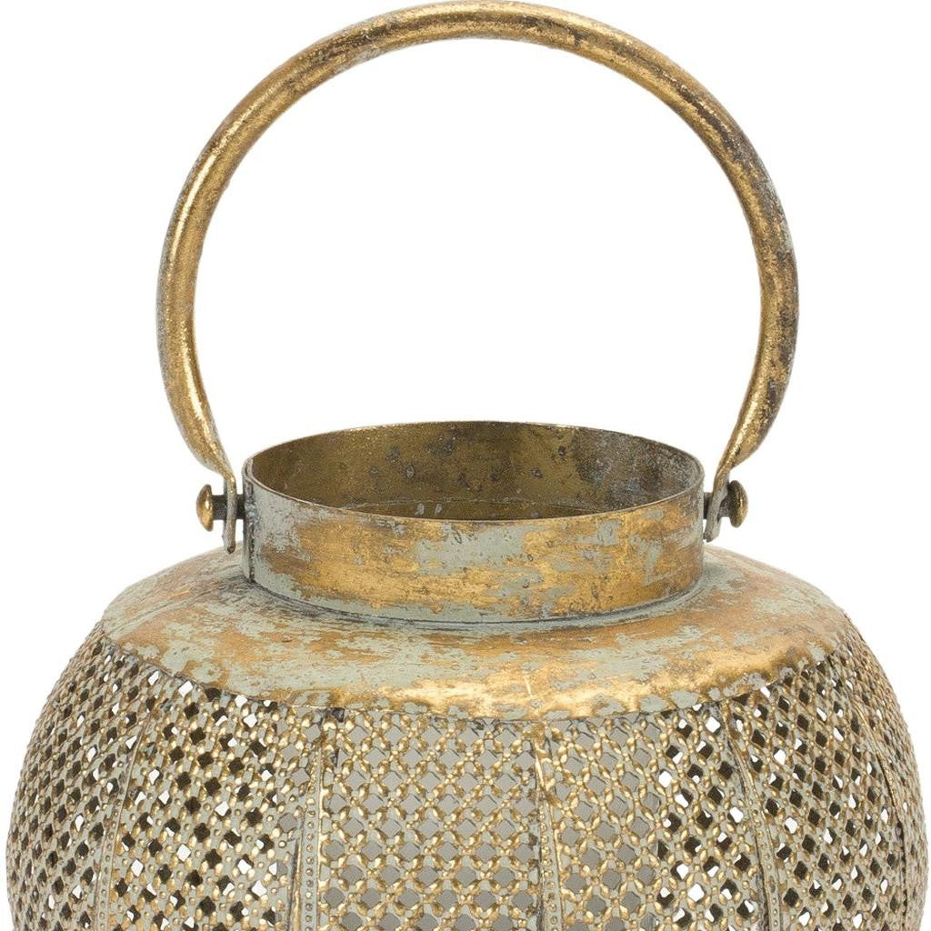 6" Bronze And Green Distressed Lattice Metal Tabletop Lantern Candle Holder-Candle Holders-DECOROLALA
